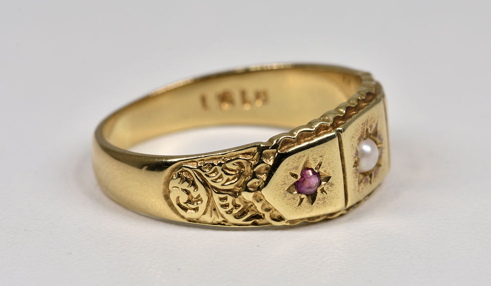 Thumbnail: Vintage 9ct Gold Ruby & Half Pearl Gypsy Ring