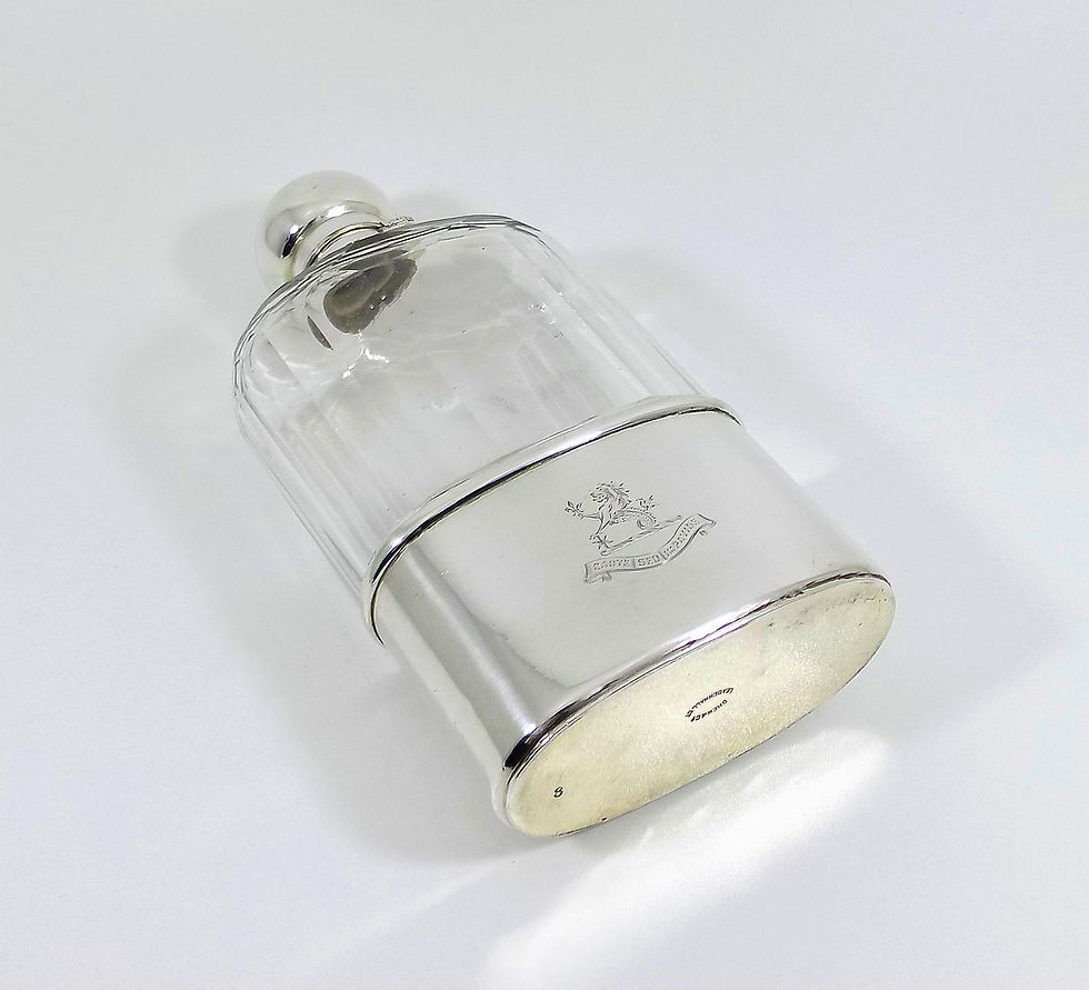 Thumbnail: Large Antique Solid Silver & Glass Hip Flask with Sir Charles Cayzer Crest, 1905
