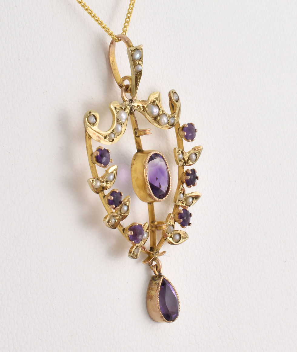 Thumbnail: Antique Victorian 9ct Gold Amethyst Seed Pearl Lavalier Pendant c1880
