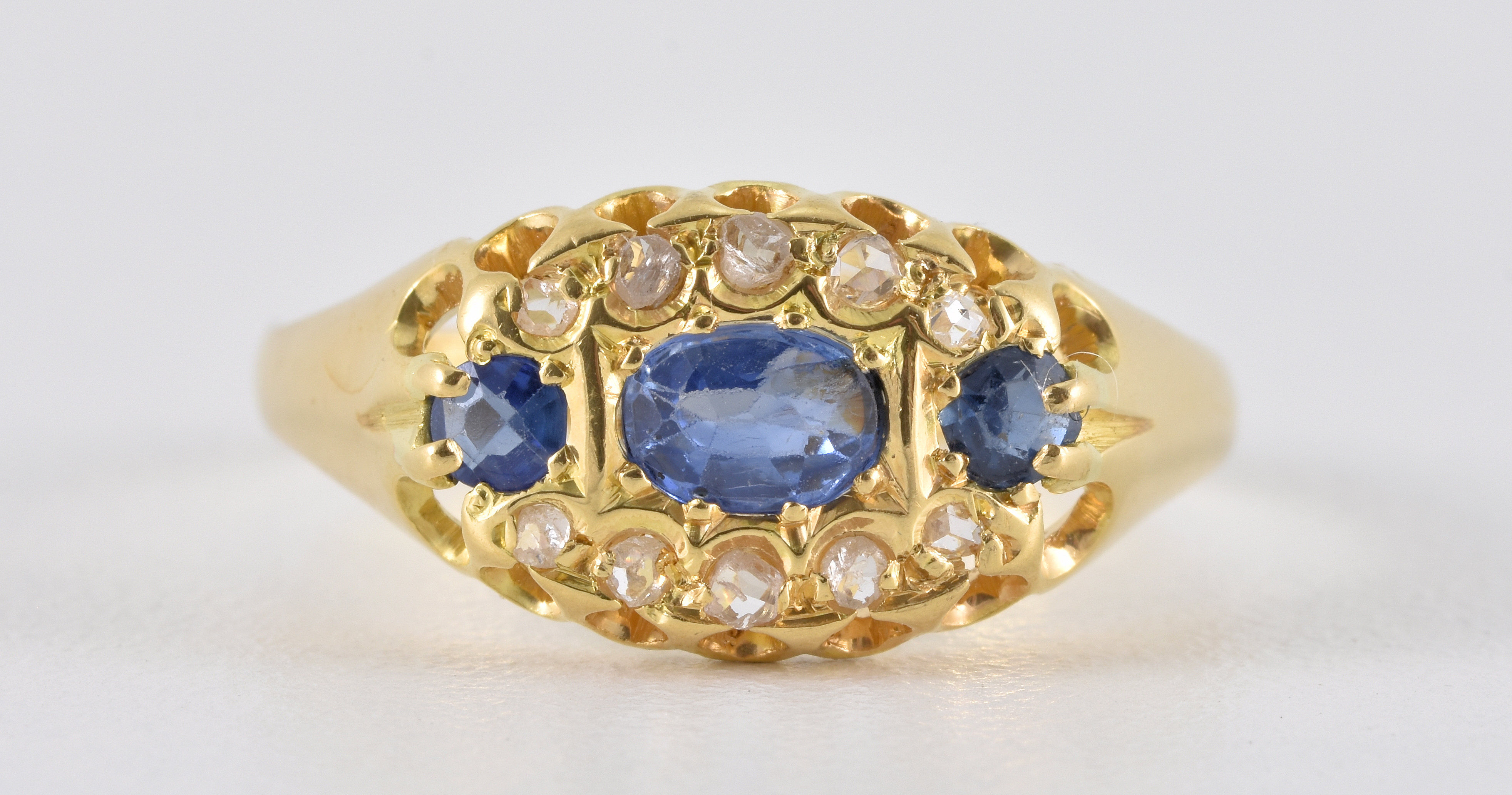 Antique Edwardian 18ct Gold Sapphire & Diamond 3 Row Ring, Birmingham 1905