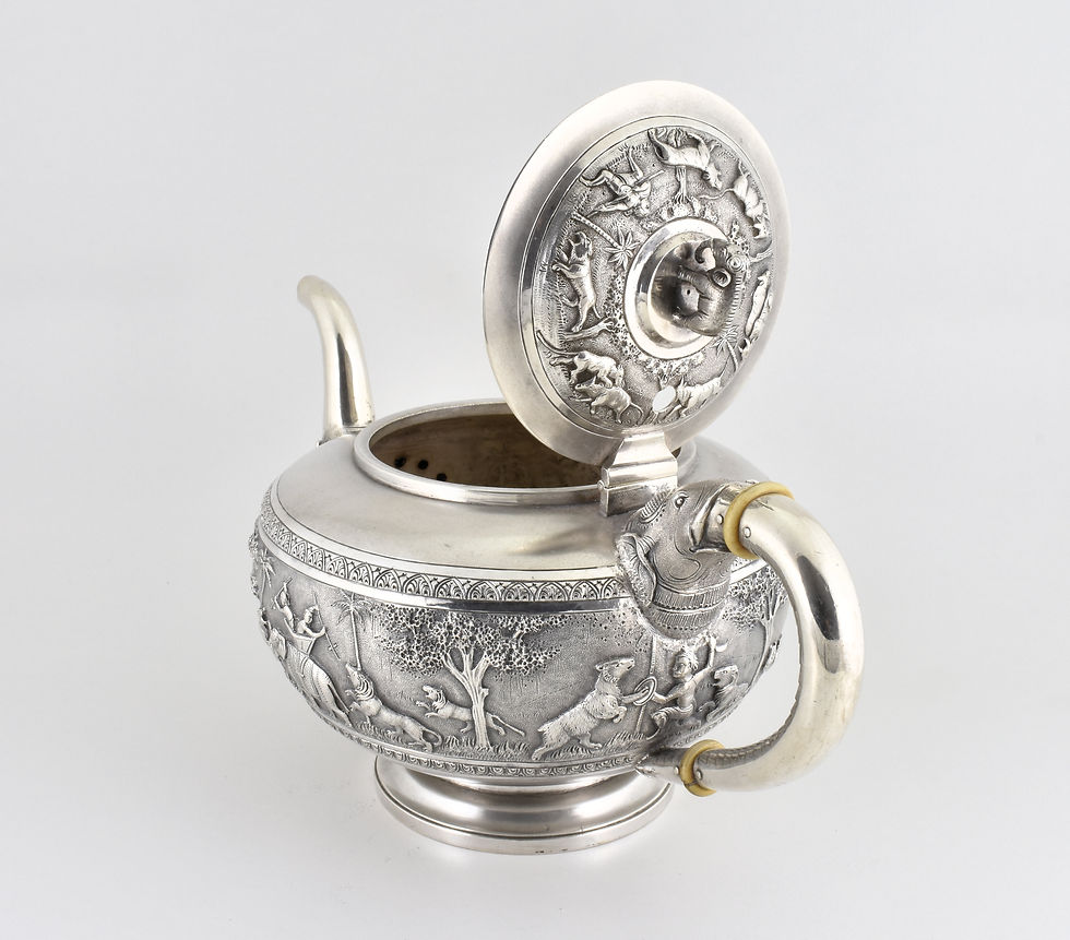 Thumbnail: Antique Indian Lucknow Style Solid Silver Teapot, C1890, Bombay