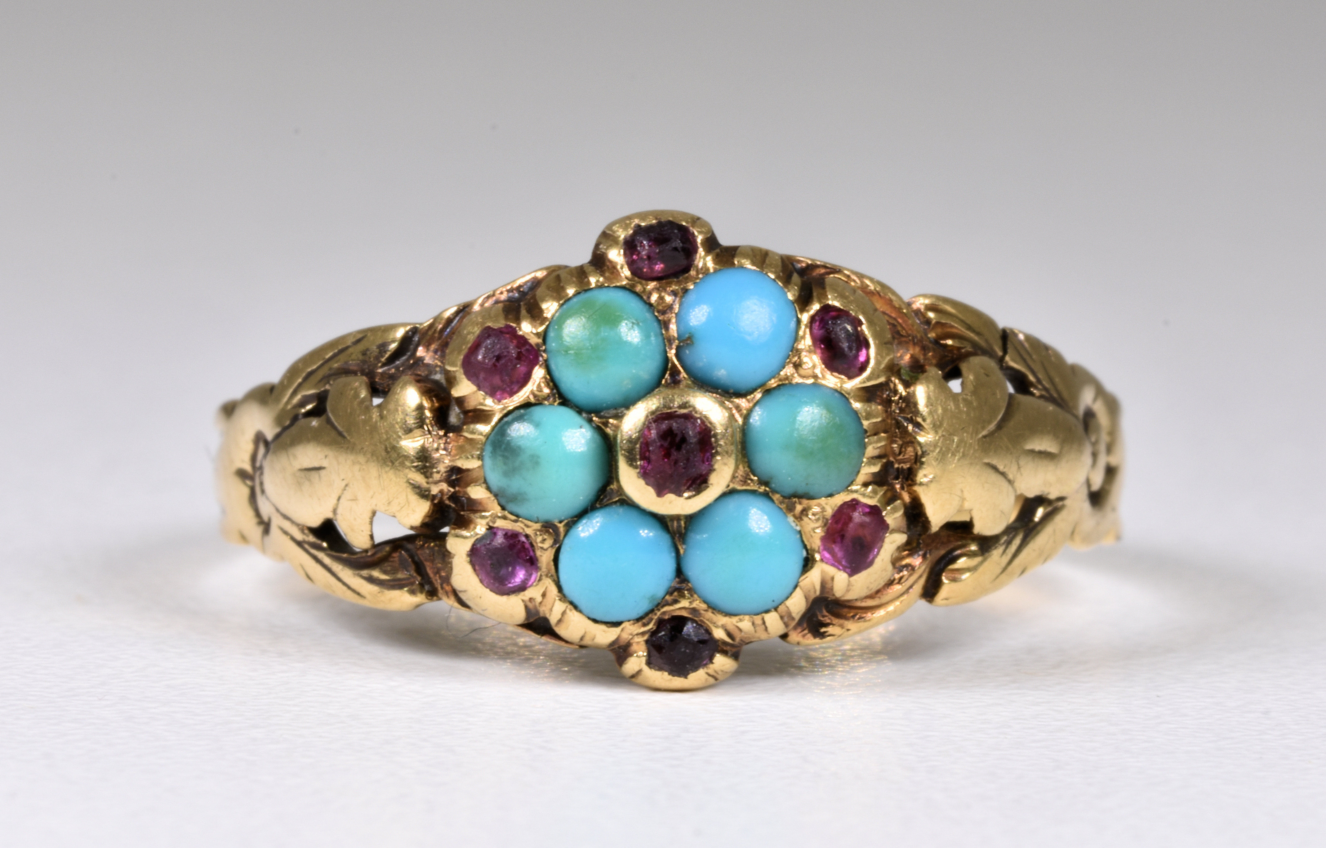 Antique Victorian 18ct Gold Forget Me Not Ruby & Turquoise Memorial Ring, c1880