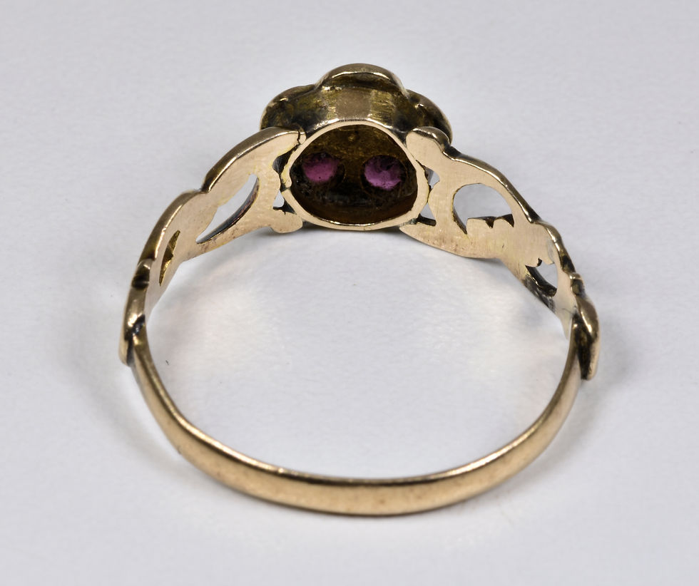 Thumbnail: Antique Victorian 9ct Gold Forget Me Not Garnet & Pearl Memorial Ring, 1871