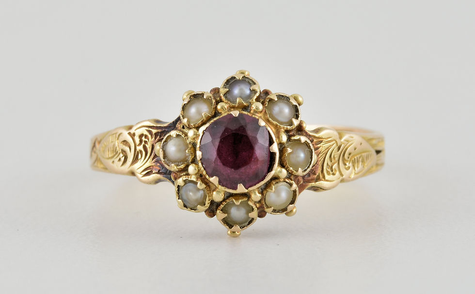 Antique Victorian 15ct Gold Amethyst Seed Pearl Mourning Ring, Birmingham 1869