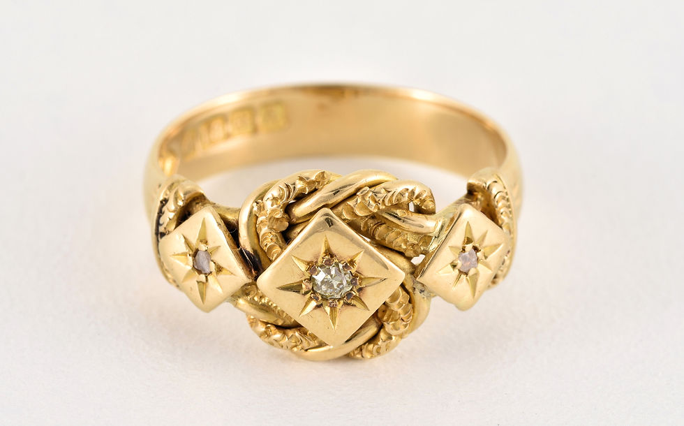 Thumbnail: Antique Victorian 18ct Gold 3 Stone Diamond Lover's Knot Ring, Sheffield 1844
