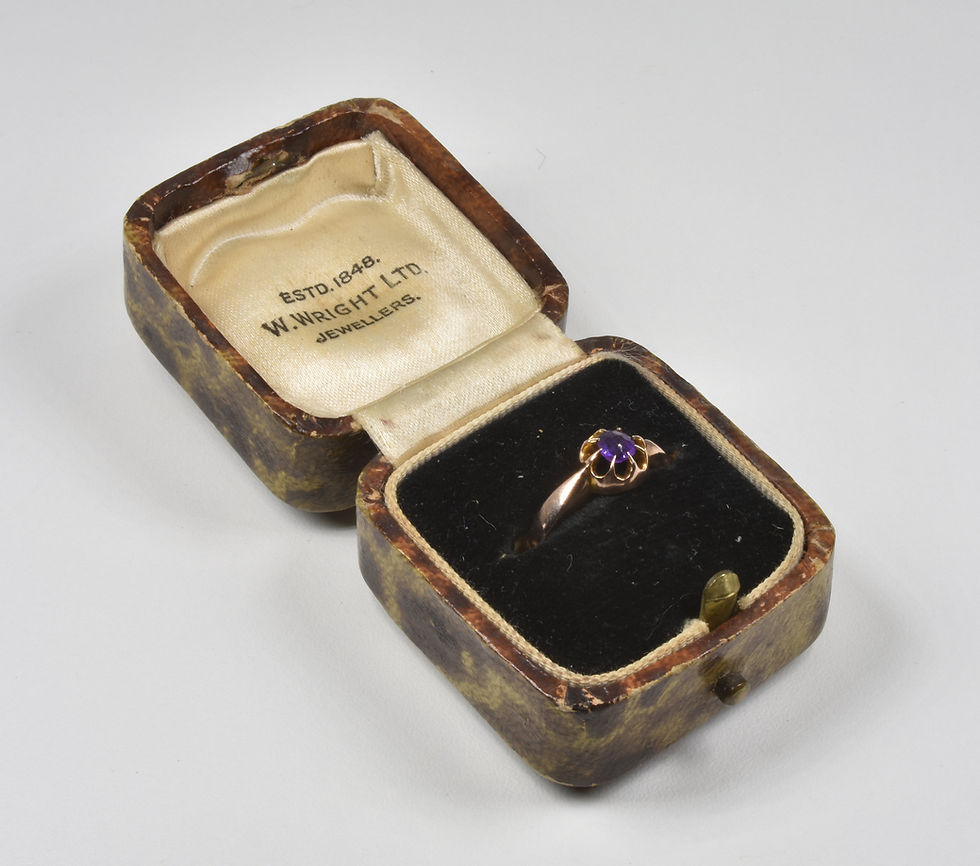 Thumbnail: Antique Edwardian 9ct Rose Gold Amethyst Solitaire Ring, 1909, Original Box
