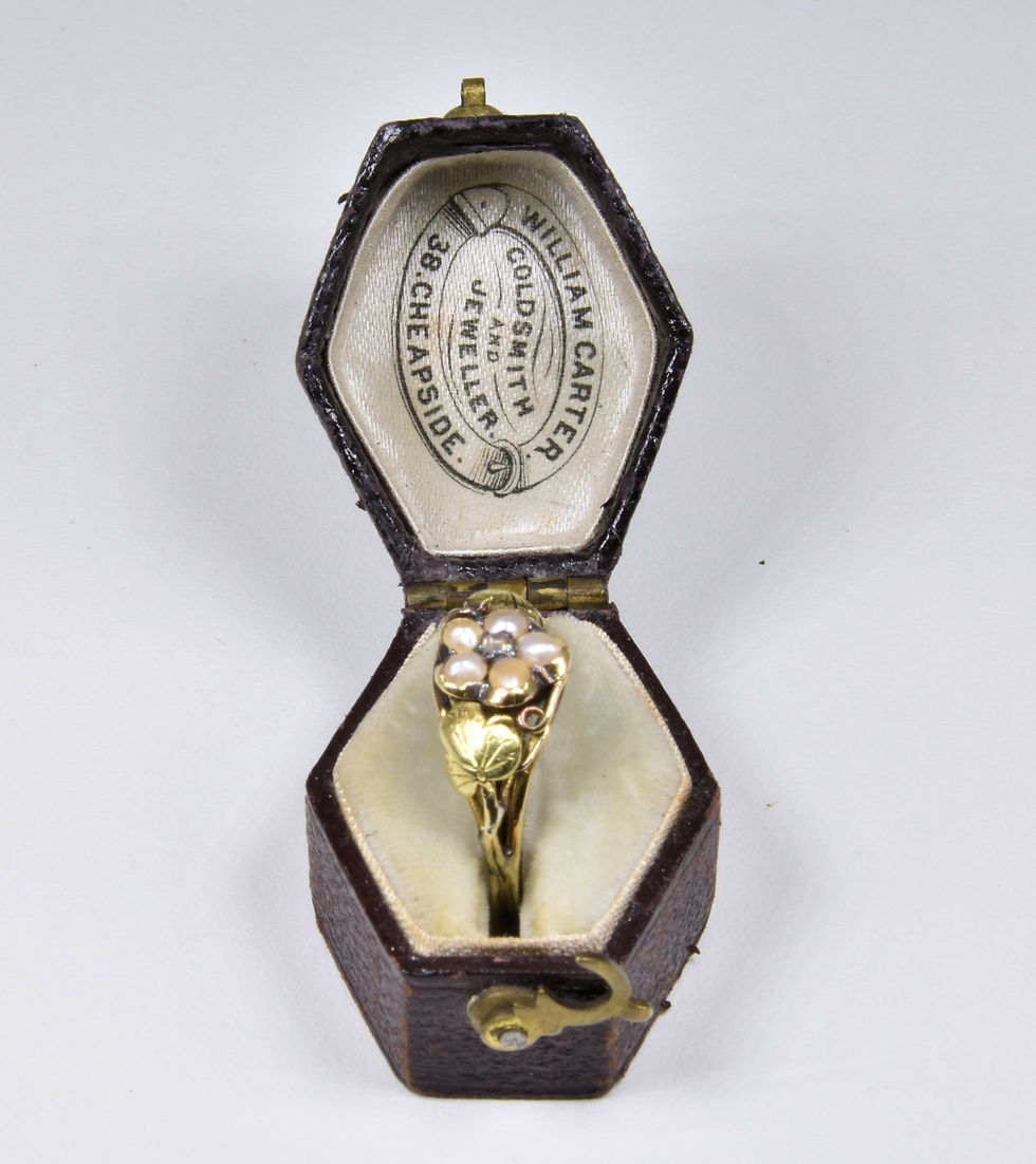 Thumbnail: Antique Early Victorian Gold Diamond & Pearl Memorial Ring, With Original Box