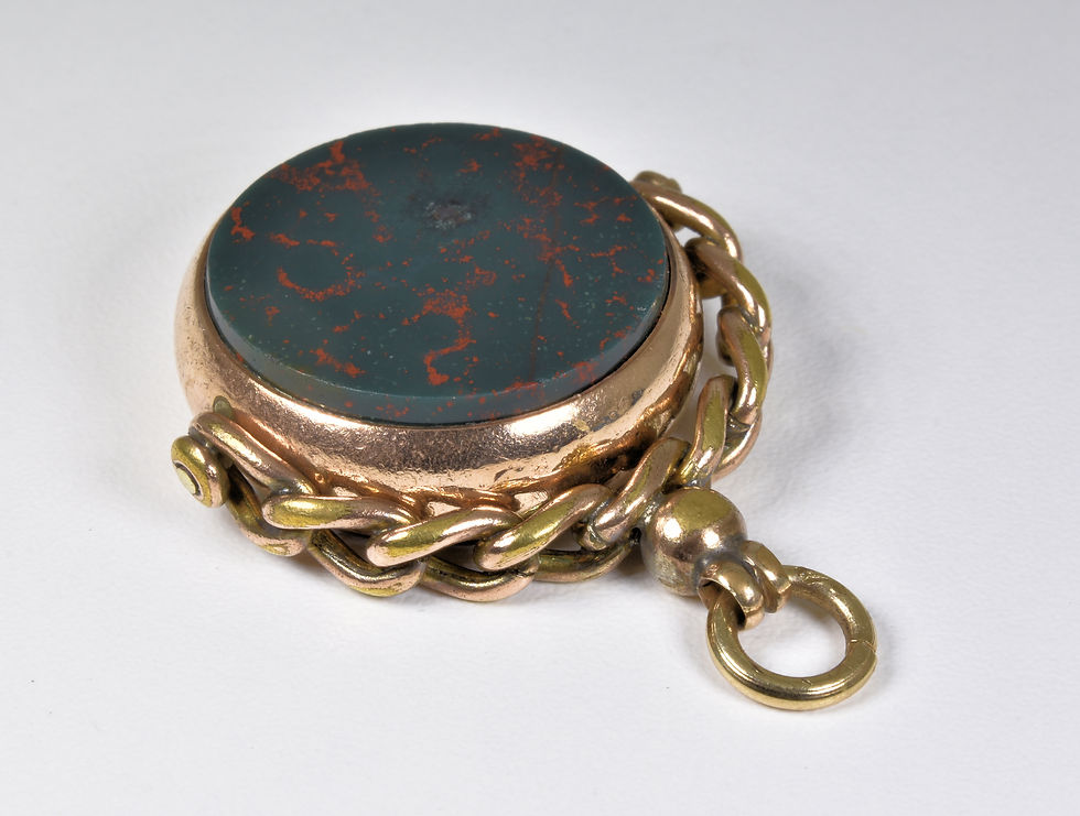 Thumbnail: Antique Victorian 9ct Gold Blood Stone & Carnelian Swivel Fob, C1880