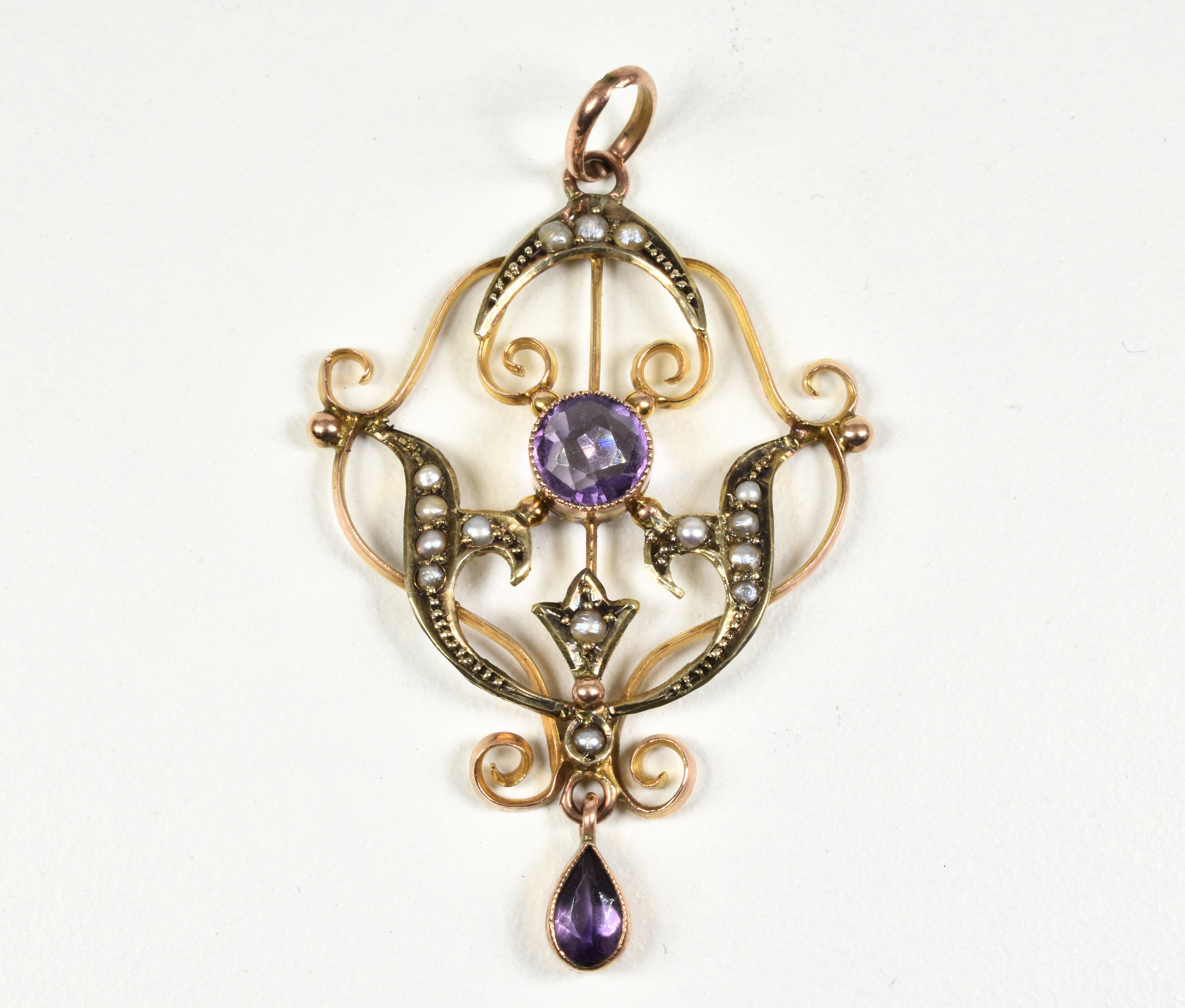 Antique Art Nouveau 9ct Rose Gold Amethyst & Seed Pearl Lavalier Pendant, c1900