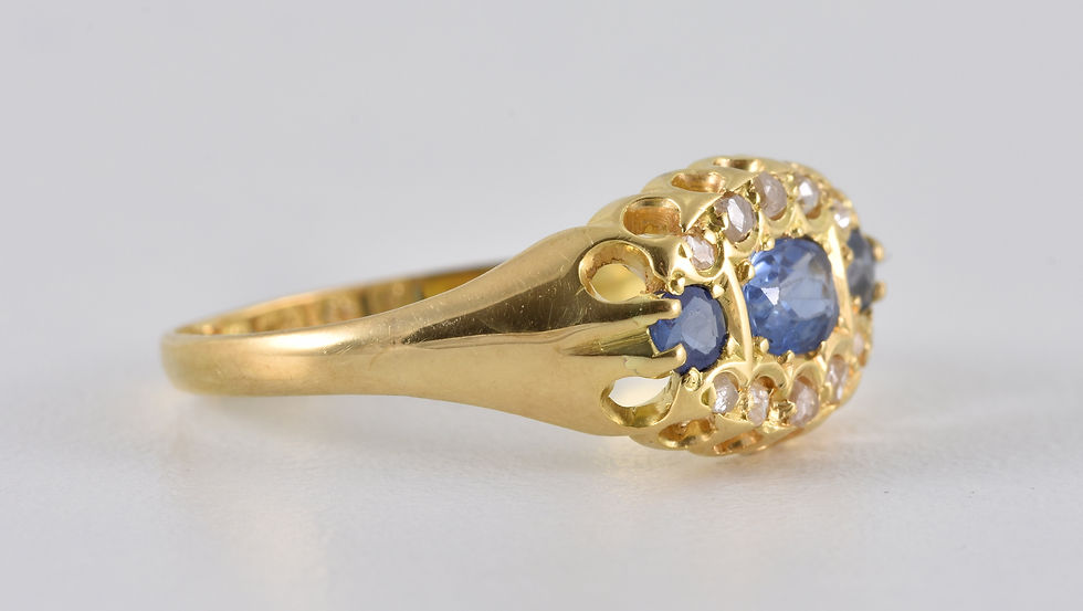 Thumbnail: Antique Edwardian 18ct Gold Sapphire & Diamond 3 Row Ring, Birmingham 1905