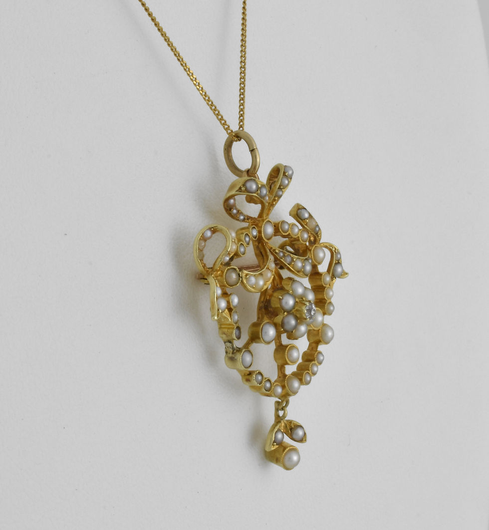 Thumbnail: Antique Edwardian 15ct Gold Split Pearl & Diamond Ribbon Pendant/Brooch