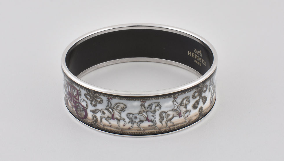 Thumbnail: Vintage Hermes Bangle Silver Enamel Horse & Carriage, Ribbon Motif, Original Box