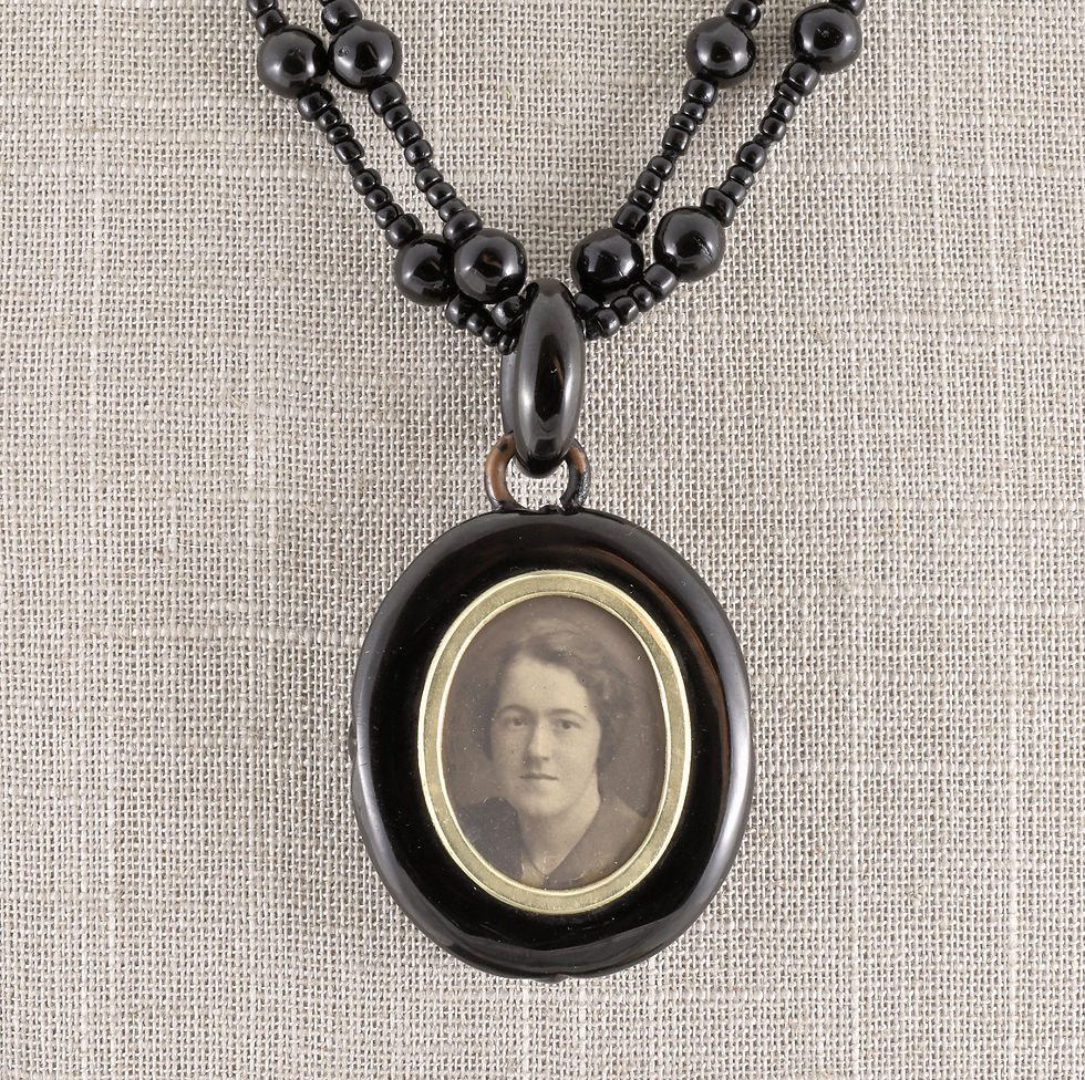 Thumbnail: Antique Mid Victorian Whitby Jet 9ct Gold Seed Pearl Mourning Locket & Necklace