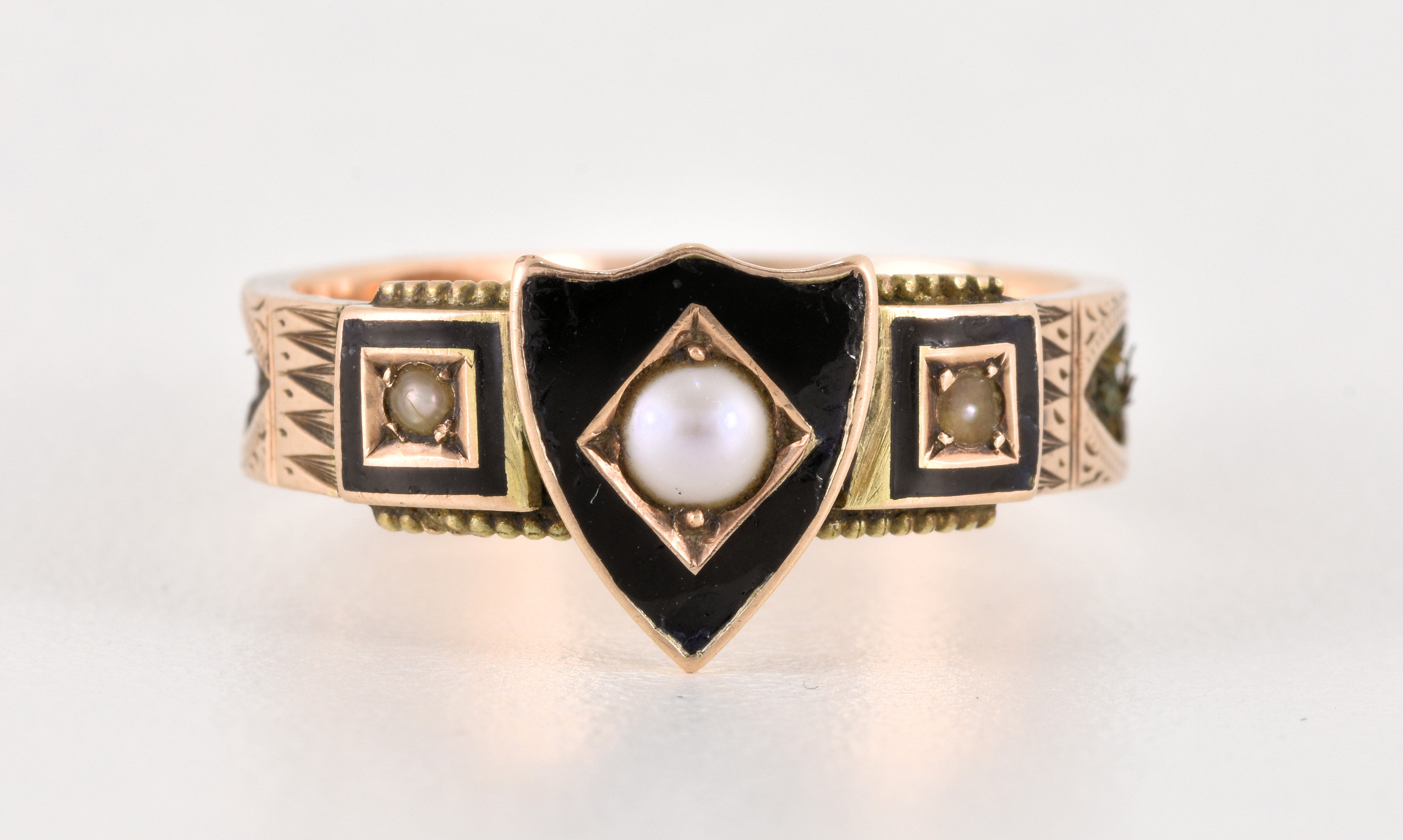 Antique Victorian 9ct Gold Enamel Pearl & Hair Mourning Ring