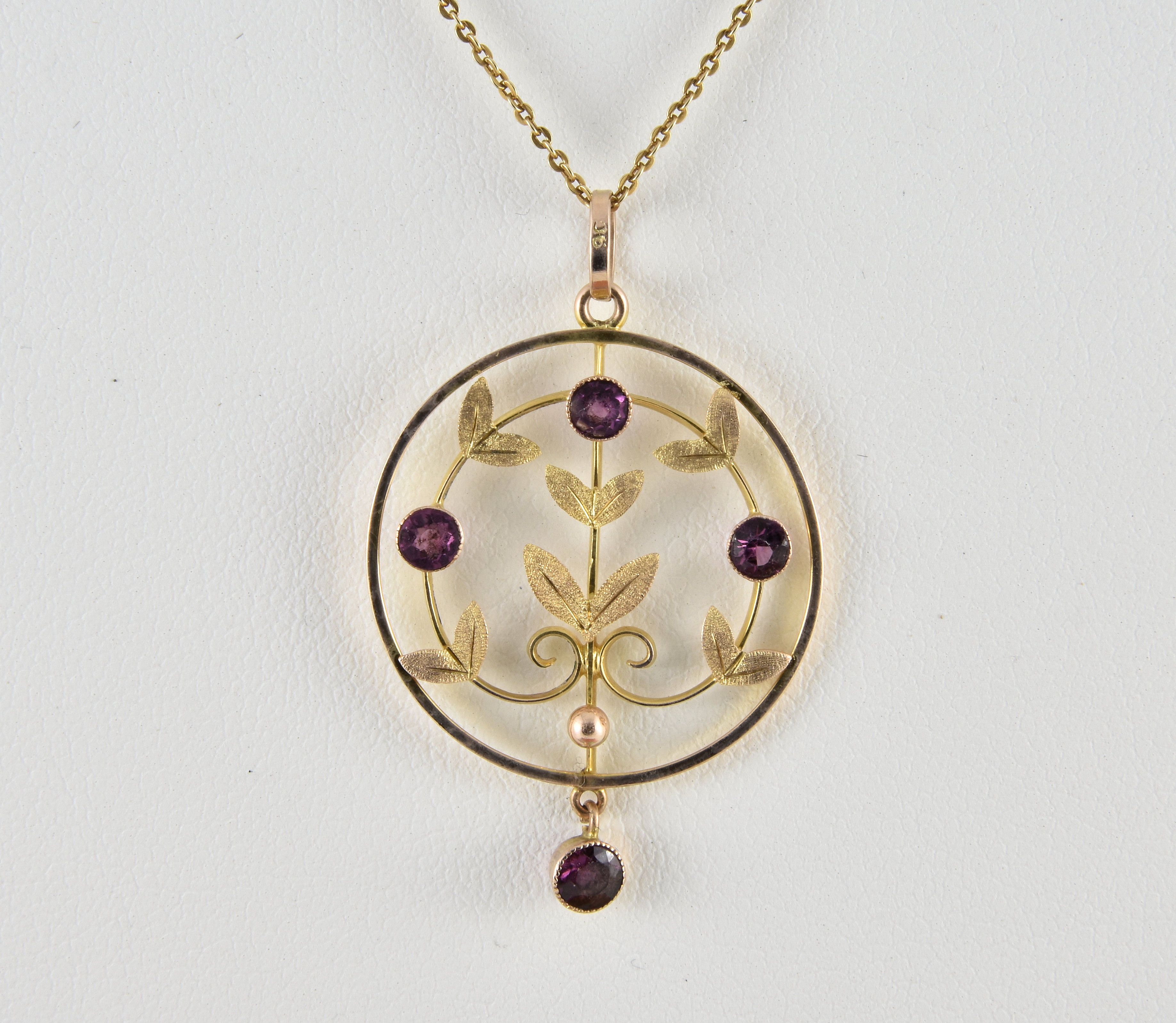 Antique Edwardian 9ct Gold Garnet Pendant & 18ct Chain c1905