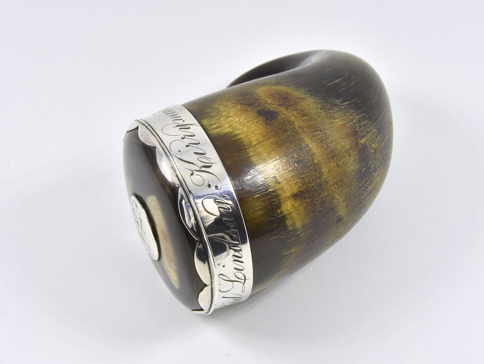 Thumbnail: Antique Georgian Scottish Ram's Horn Snuff Mull, Solid Silver Rim, c1820