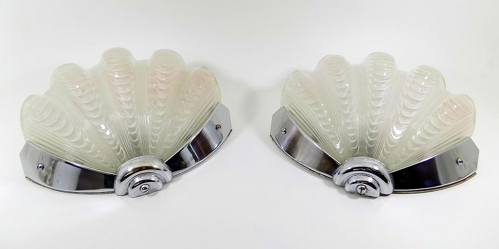 Thumbnail: Pair of Antique Art Deco Clam Shell Glass & Chrome Wall Lights, c1930