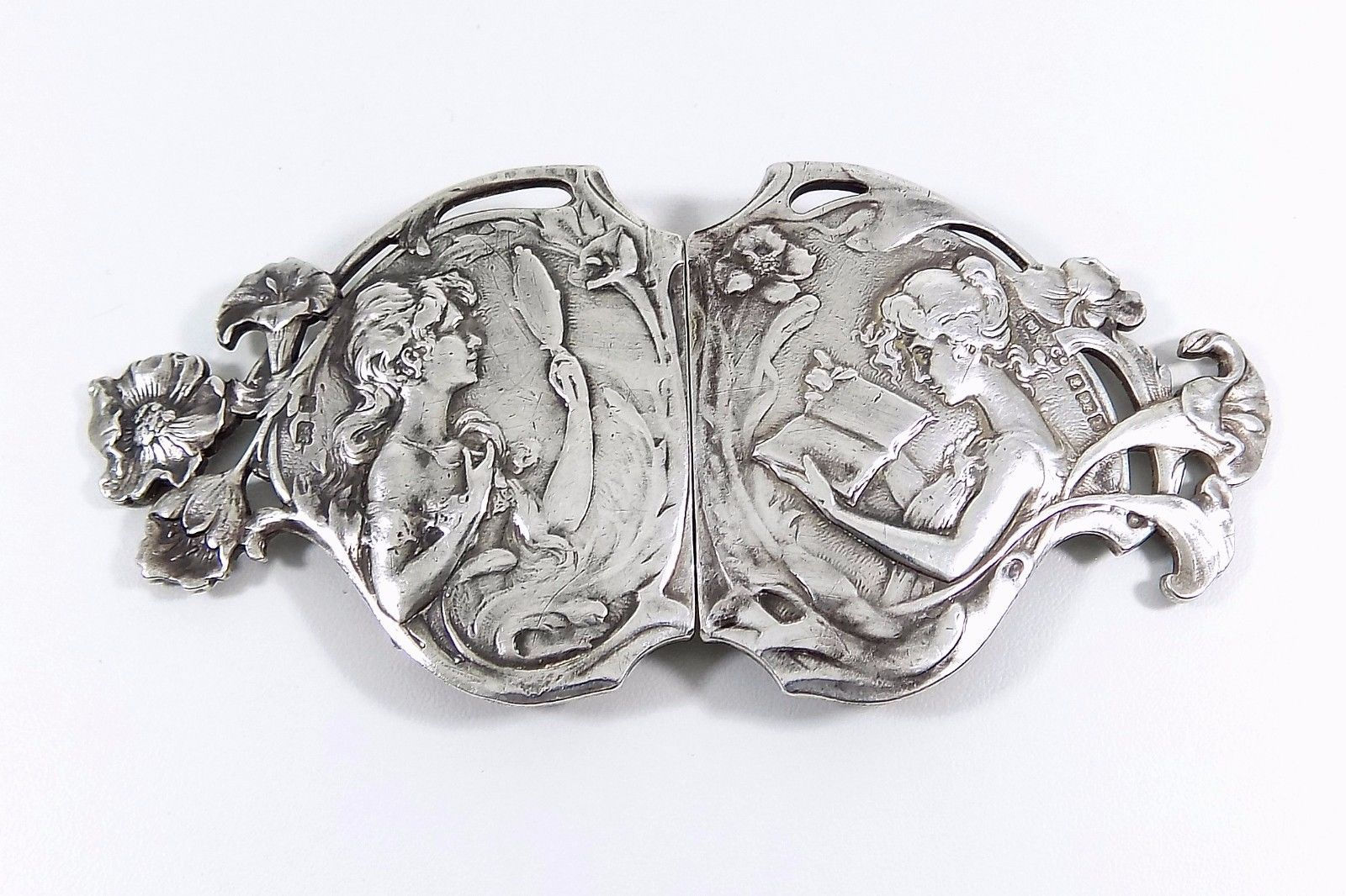 Antique English Art Nouveau Solid Silver Nurses Buckle, 1901, 62g