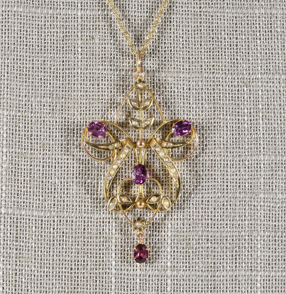 Thumbnail: Antique Edwardian 9ct Gold Amethyst & Seed Pearl Lavalier Pendant c1905