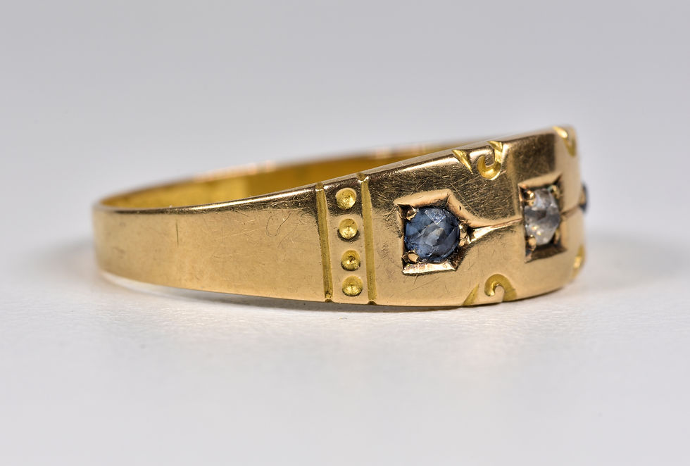 Thumbnail: Antique Victorian 15ct Gold Blue Chrysoberyl & Diamond Gypsy Ring, Chester,1899