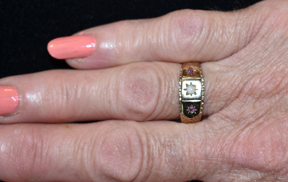 Thumbnail: Vintage 9ct Gold Ruby & Half Pearl Gypsy Ring, (Birmingham, 1994)