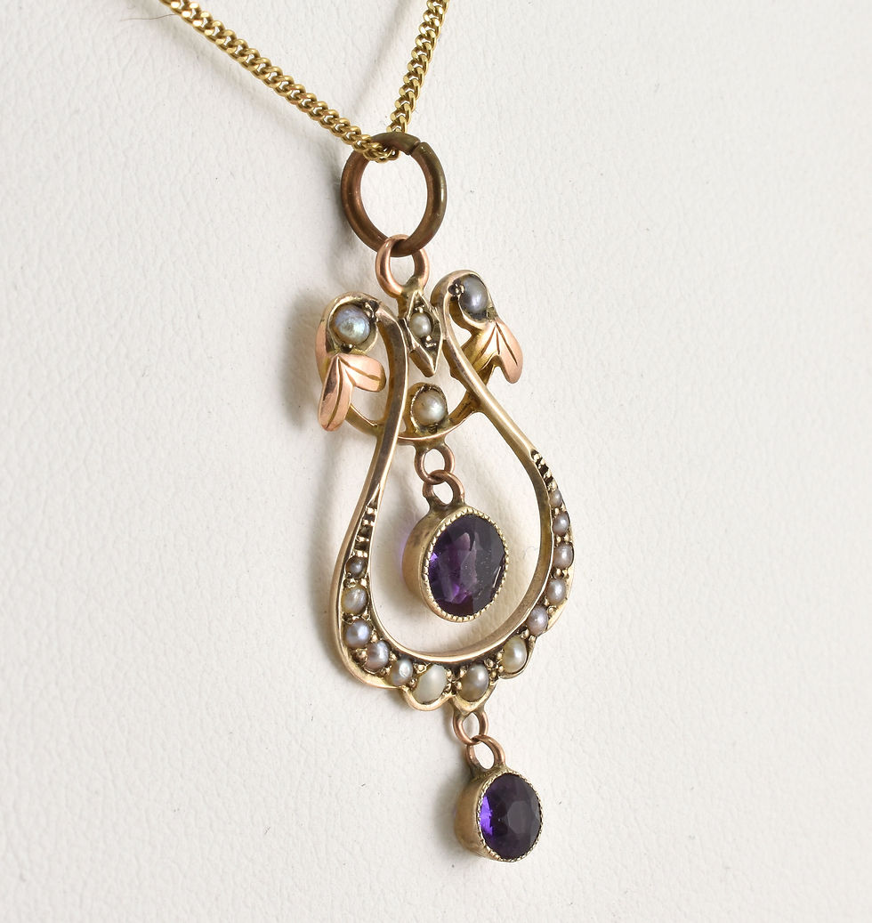 Thumbnail: Antique Edwardian 9ct Rose Gold Amethyst Seed Pearl Pendant &18ct Chain