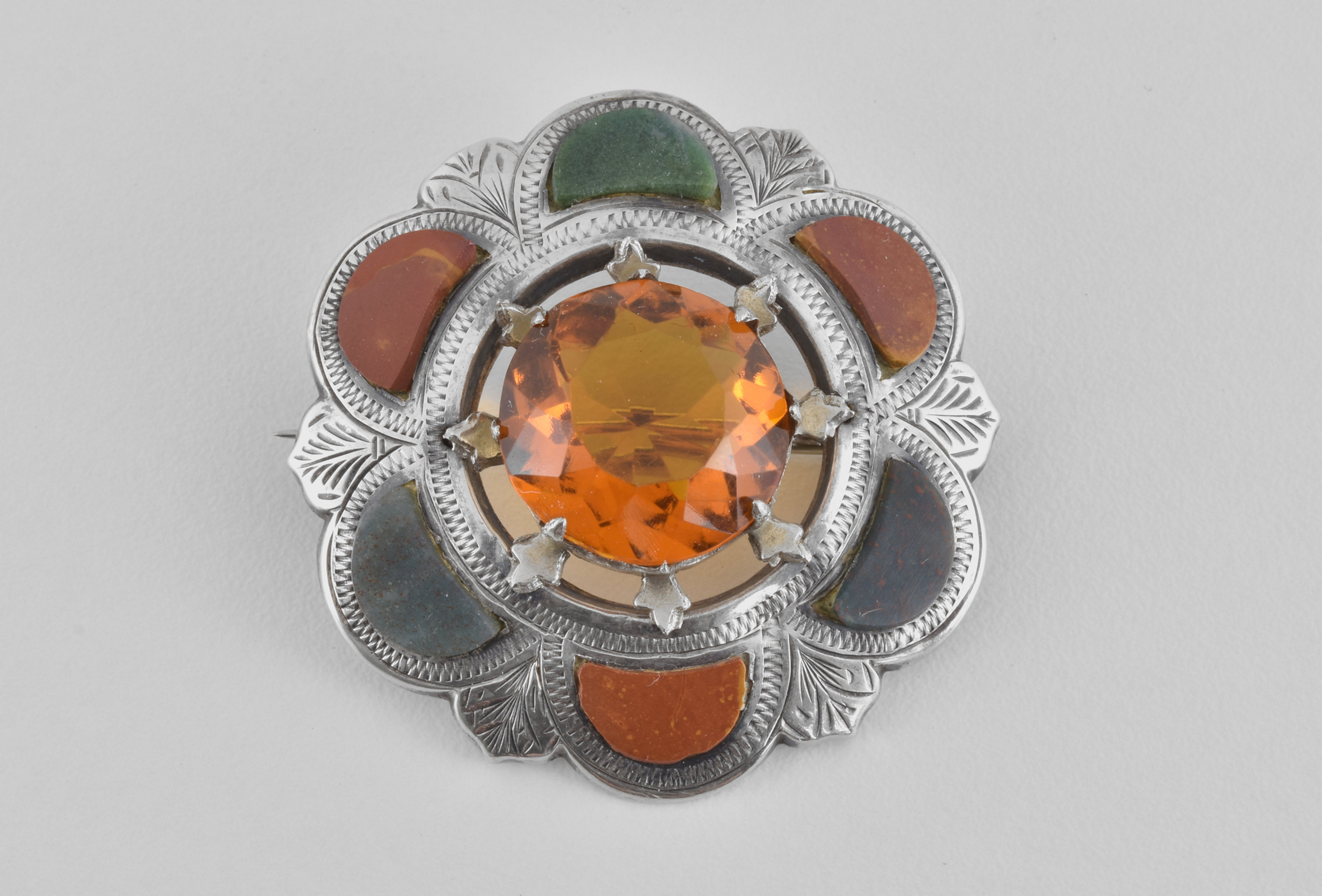 Antique Victorian Solid Silver Scottish Agate Citrine Glass Brooch