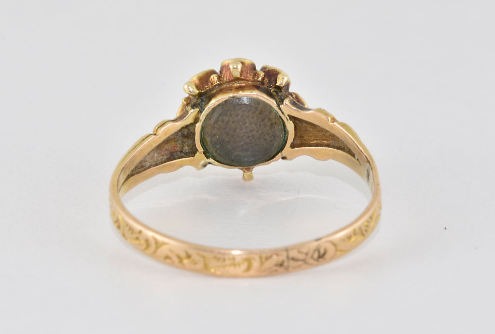 Thumbnail: Antique Victorian 15ct Gold Amethyst Seed Pearl Mourning Ring, Birmingham 1869
