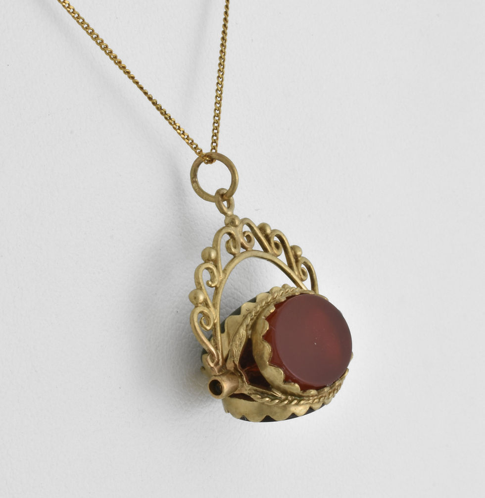 Thumbnail: Vintage 9ct Gold Dark Green Agate, Carnelian & Onyx Spinning Fob Pendant