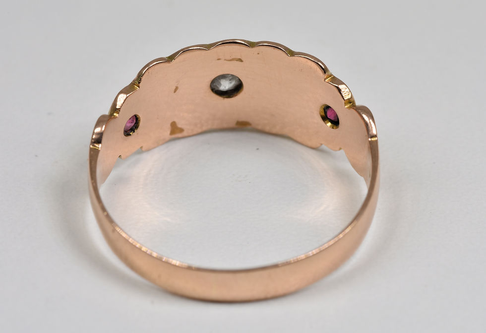 Thumbnail: Antique George V 9ct Rose Gold Diamond Garnet Seed Pearl Gypsy Ring, B'ham, 1914