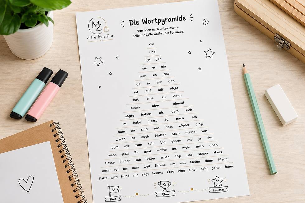 Wortpyramide mit den 100 wichtigsten deutschen Wörtern für Kinder zum Lesenlernen auf einem Schreibtisch mit Schulmaterialien.