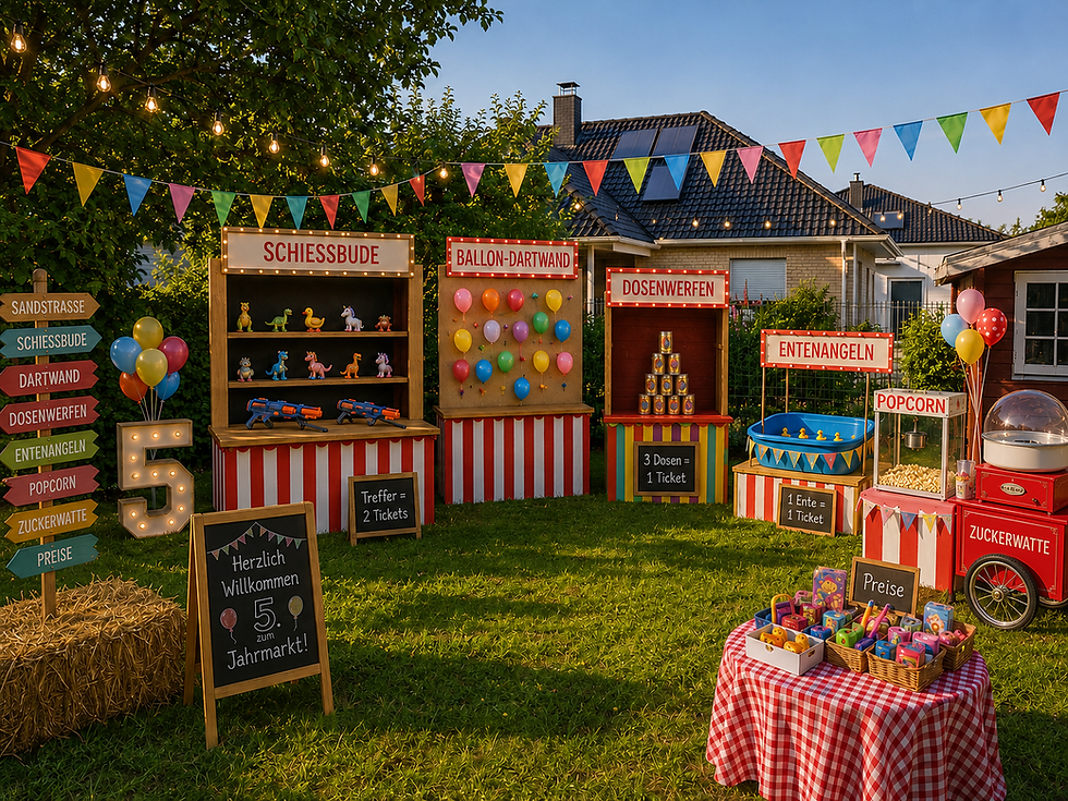 Liebevoll dekorierter Jahrmarkt Kindergeburtstag im Garten mit Schießbude, Ballon-Dartwand, Dosenwerfen, Entenangeln, Popcorn, Zuckerwatte und Ticketsystem für Kinder.