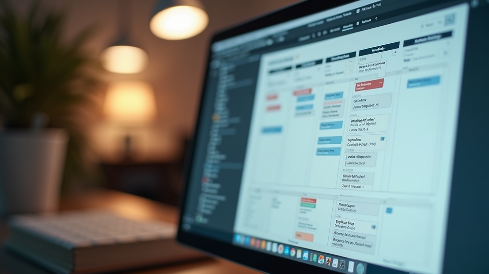 Close-up view of a computer screen showing a content calendar and workflow diagram