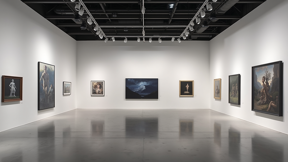 High angle view of a digital art gallery with virtual reality setup