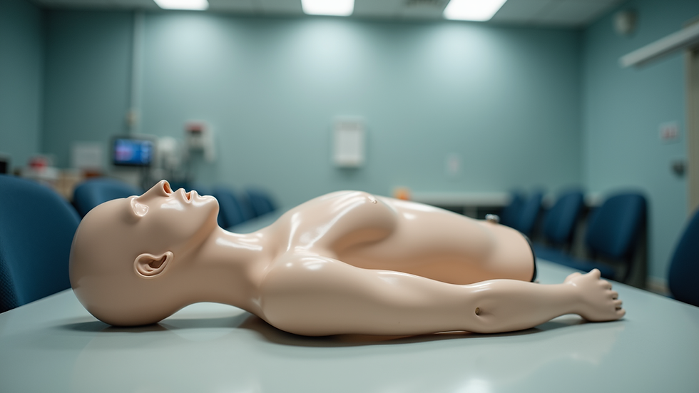 Eye-level view of CPR training mannequin on a classroom table