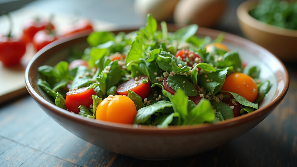 Eye-level view of a colorful salad bowl with leafy greens and vegetables