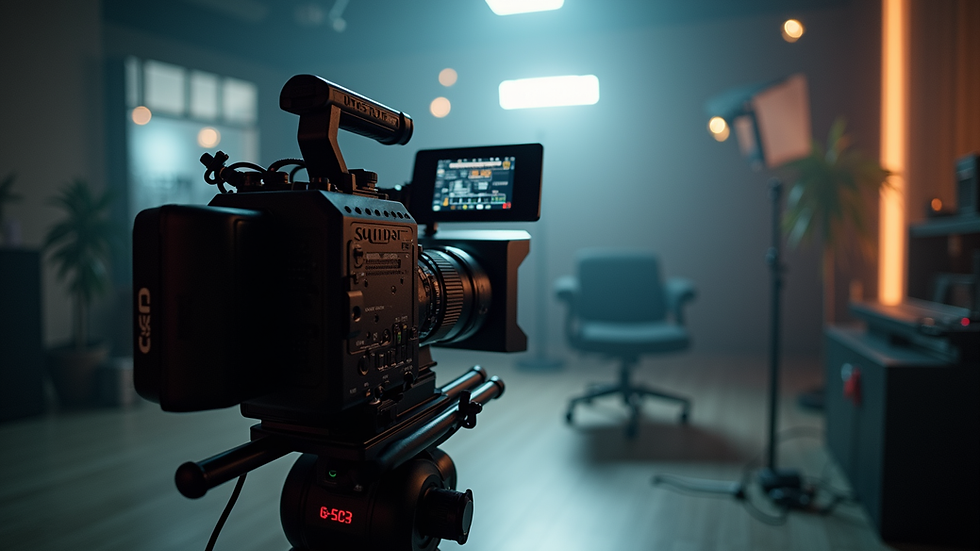 Eye-level view of a professional video camera setup in a studio