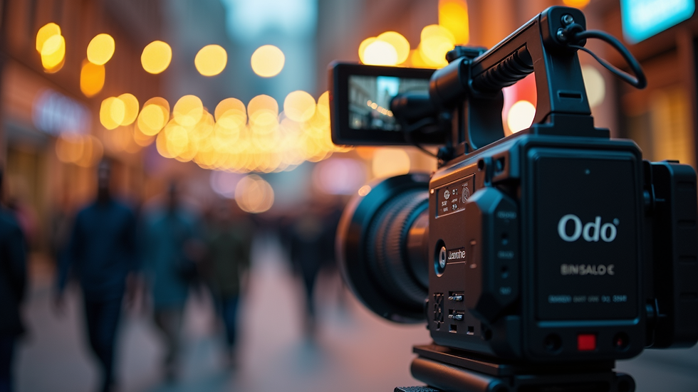 Close-up view of a professional video camera filming a local Atlanta event