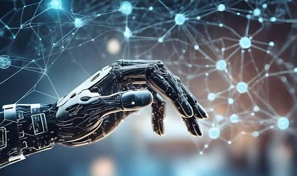 Robot hand with a graphic background of connected neurons.
