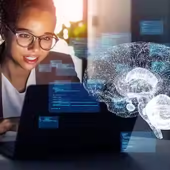 Freelancer using digital tablet with AI-generated holograms, representing A.R.T.I.’s role in creative support, invoicing, and client-ready automation for independent professionals.