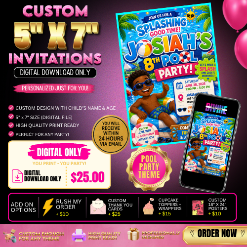 Thumbnail: Digital Pool Party Themed 5" x 7" Invitation