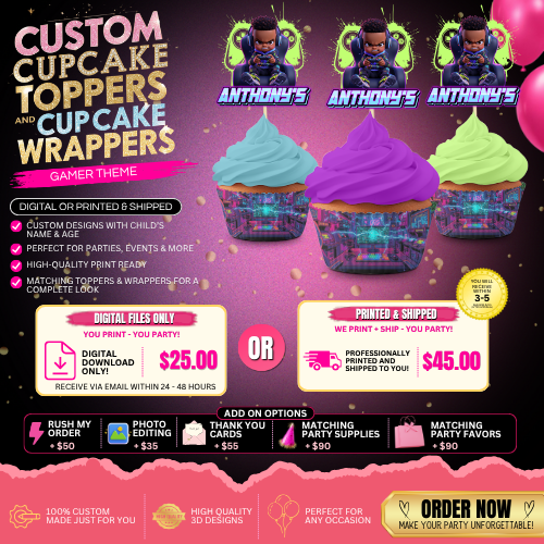 Gamer Themed Cupcake Toppers + Wrappers