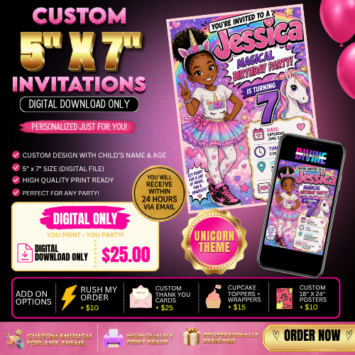 Digital Unicorn Themed 5" x 7" Invitation