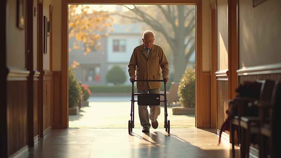 High angle view of a senior man using a walker in a community center