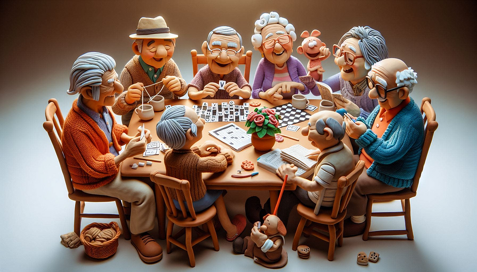 Claymation seniors playing board games..