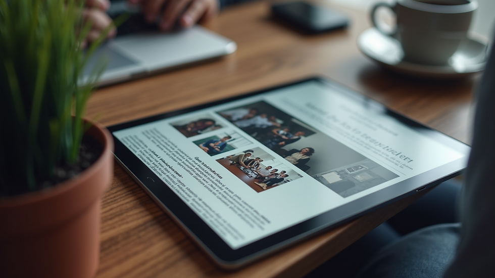 High angle view of a tablet displaying a senior news website homepage
