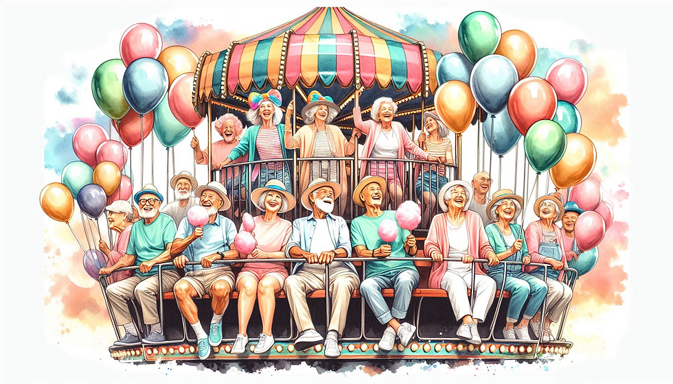 Senior citizens sitting on a carousel. Some holding cotton candy some holding ballons.