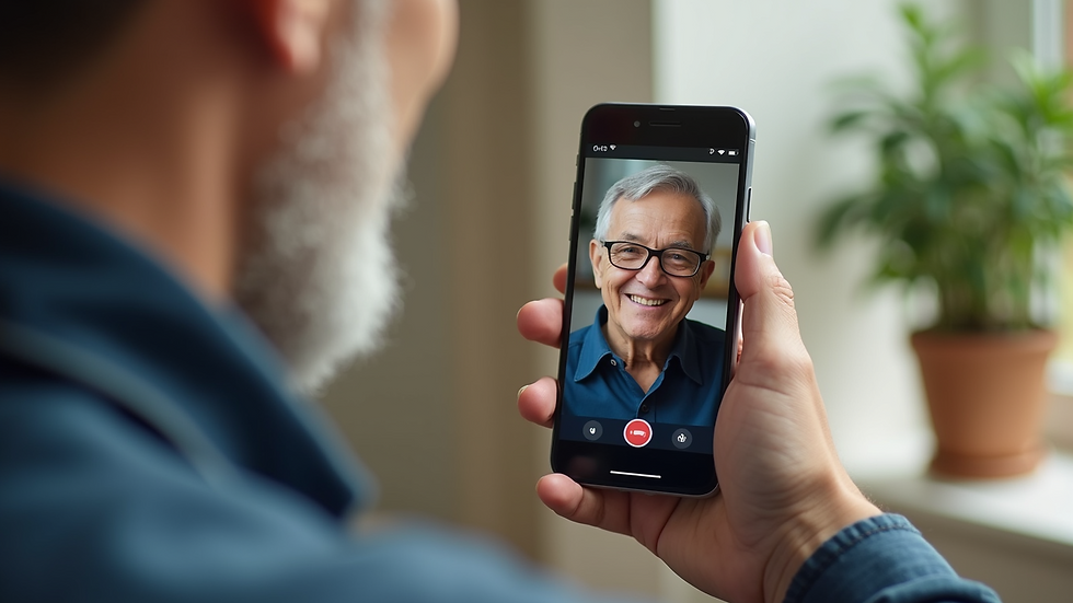 Close-up view of a smartphone displaying a video call with a senior smiling