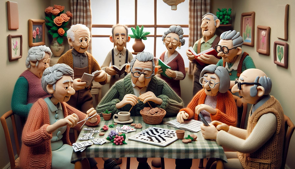 Senior activities at the neiborhood book club, in claymation.