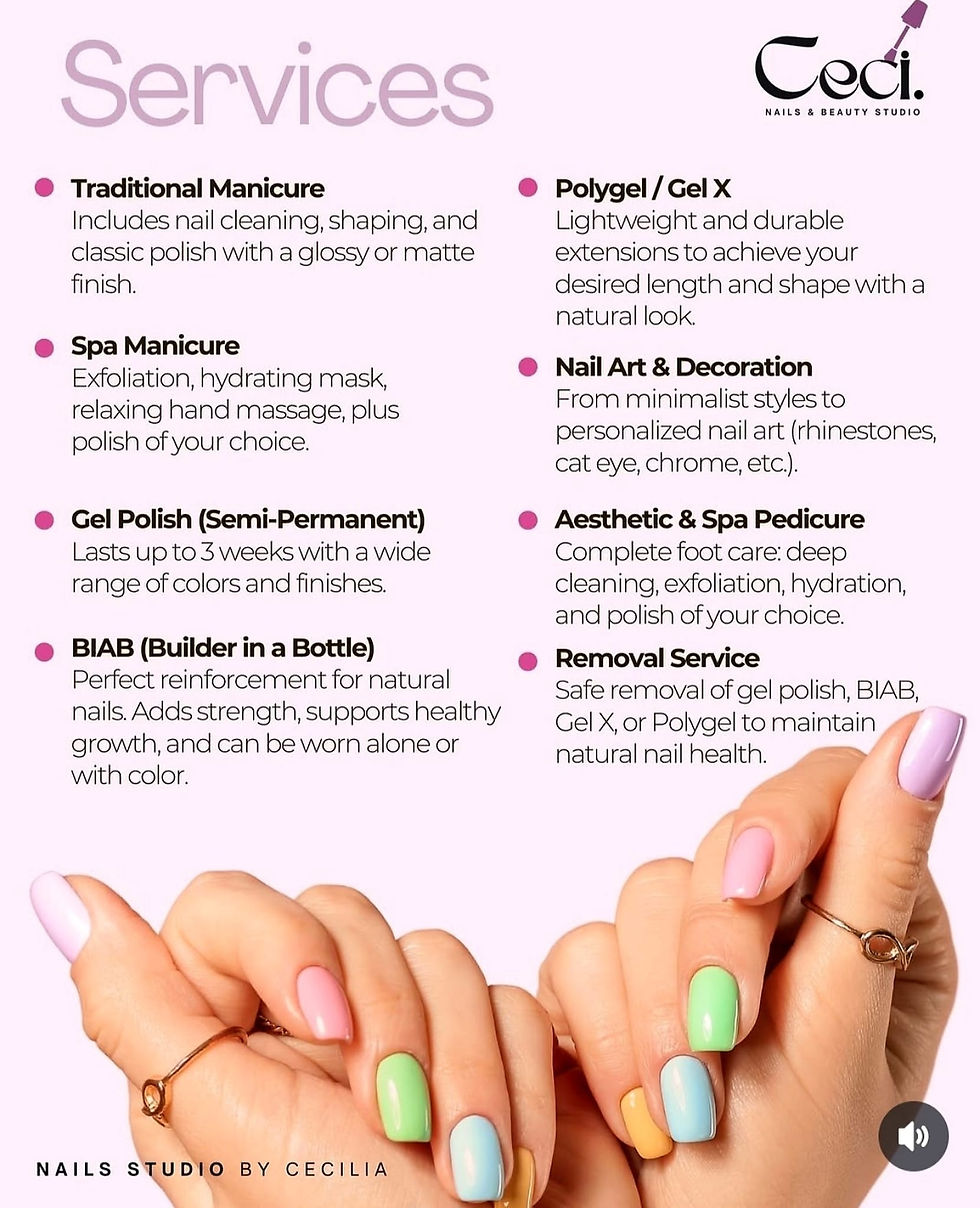 Hands with pastel manicured nails and service list